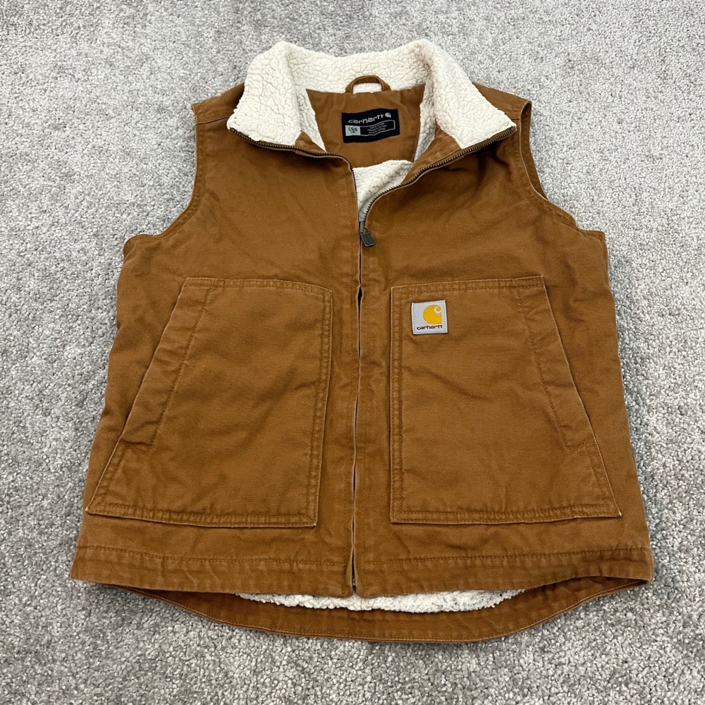 Carhartt Canvas Vest Kids Large 14 Duck Canvas Sherpa Lined Brown Boys Girls